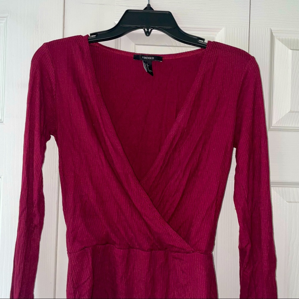 Maroon Red Long-Sleeve V-Neck Bodysuit